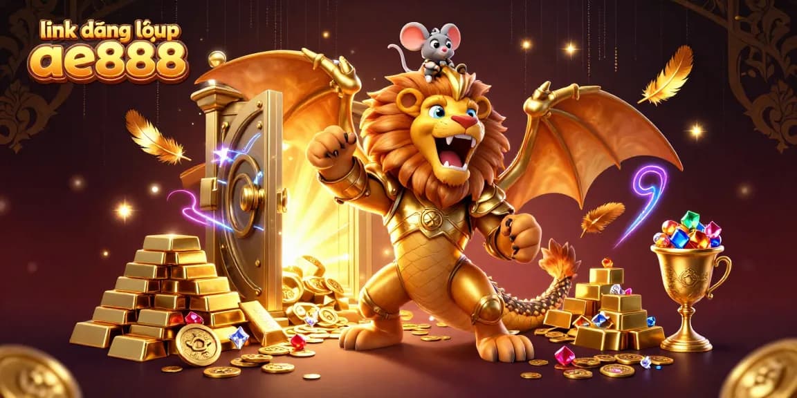 Bet on link đăng nhập ae888 with a gold-armored chimera amidst treasure and gems for a thrilling casino experience