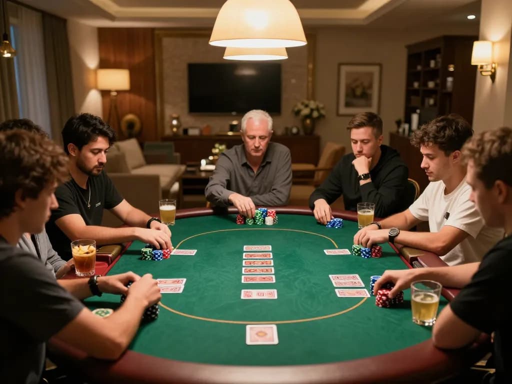 Engaged players at a poker night utilizing 33winn strategies in a cozy home environment.