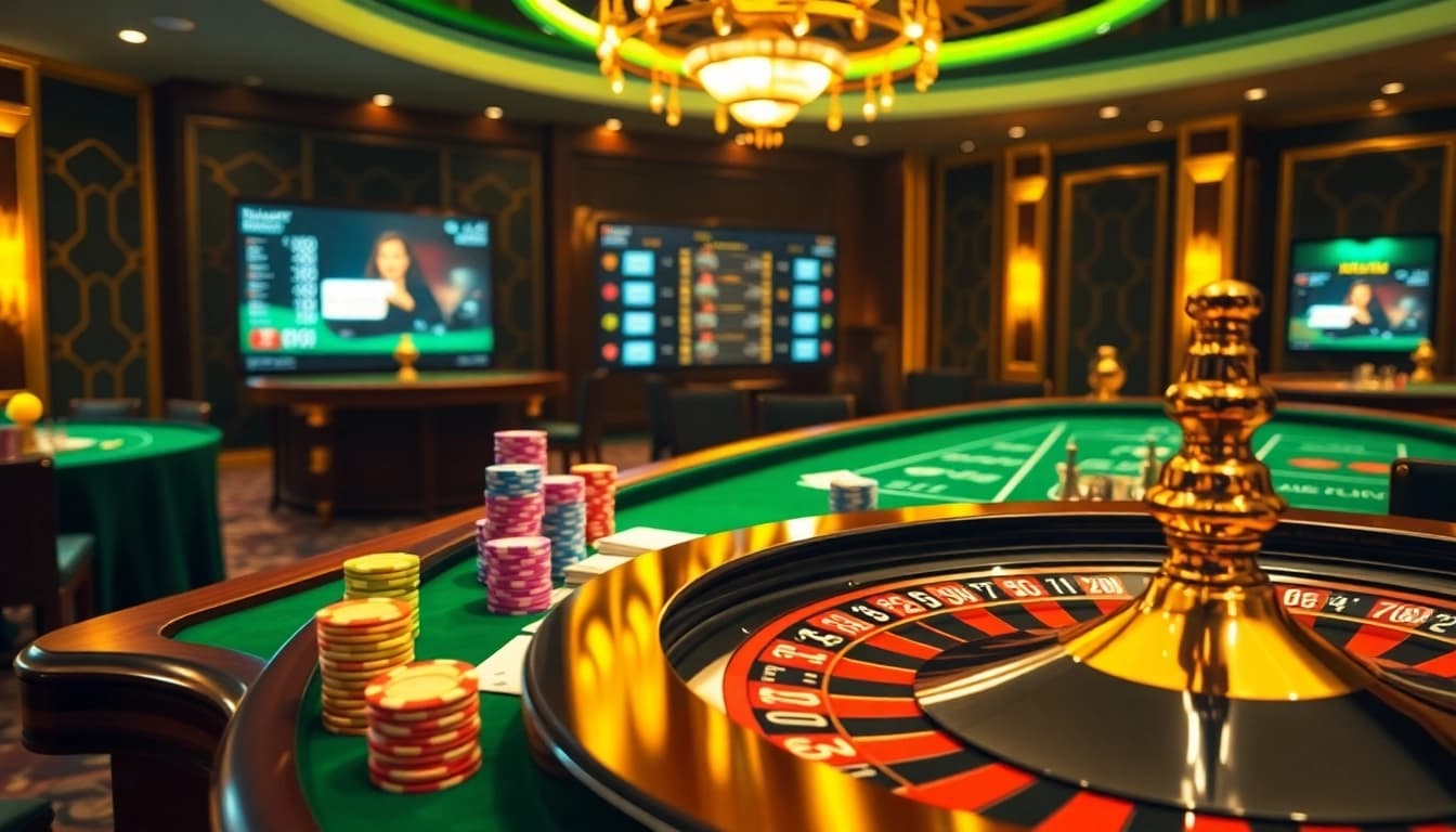 Xoilac showcases vibrant poker chips and roulette in an elegant casino scene.