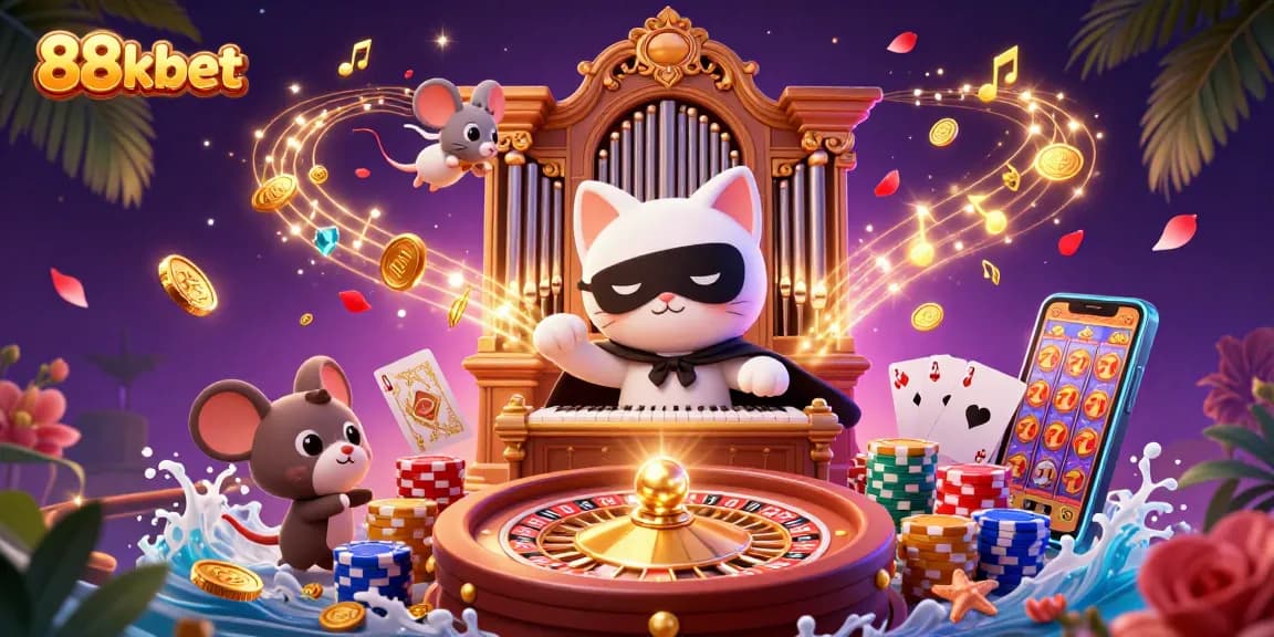 Experience thrilling wins at 88kbet with vibrant casino games and stunning visuals in this rich illustration.