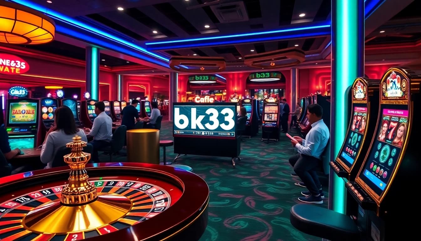Experience the thrill of bk33 through an immersive online gaming scene filled with roulette wheels and poker chips.