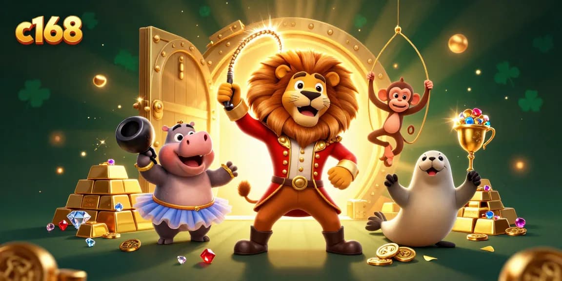 Experience fun moments at c168 with a vibrant 3D circus-themed casino illustration, showcasing exciting game elements and characters.