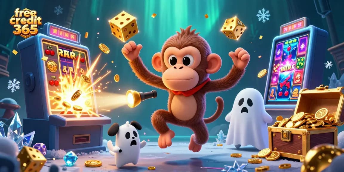 Engage with the thrilling scene of free credit 365 as a mischievous monkey juggles golden rewards in a vibrant casino atmosphere.