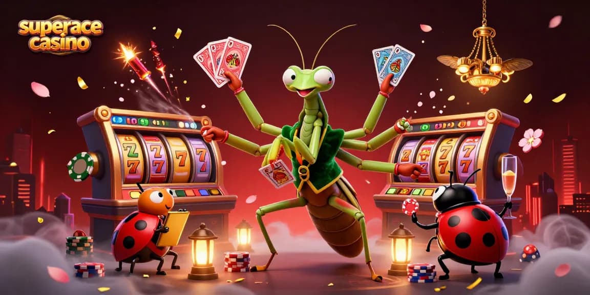 Experience the thrill of superace casino with this dynamic 3D scene of a giant mantis and ladybug dealing cards.