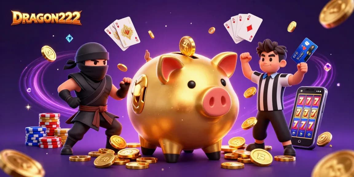 Feel the excitement with DRAGON222 as the golden piggy bank sumo wrestler unleashes a storm of coins in this dynamic gaming scene.