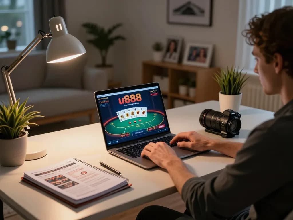 Player enjoying online gambling at u888 in cozy home office setup with strategy notes visible