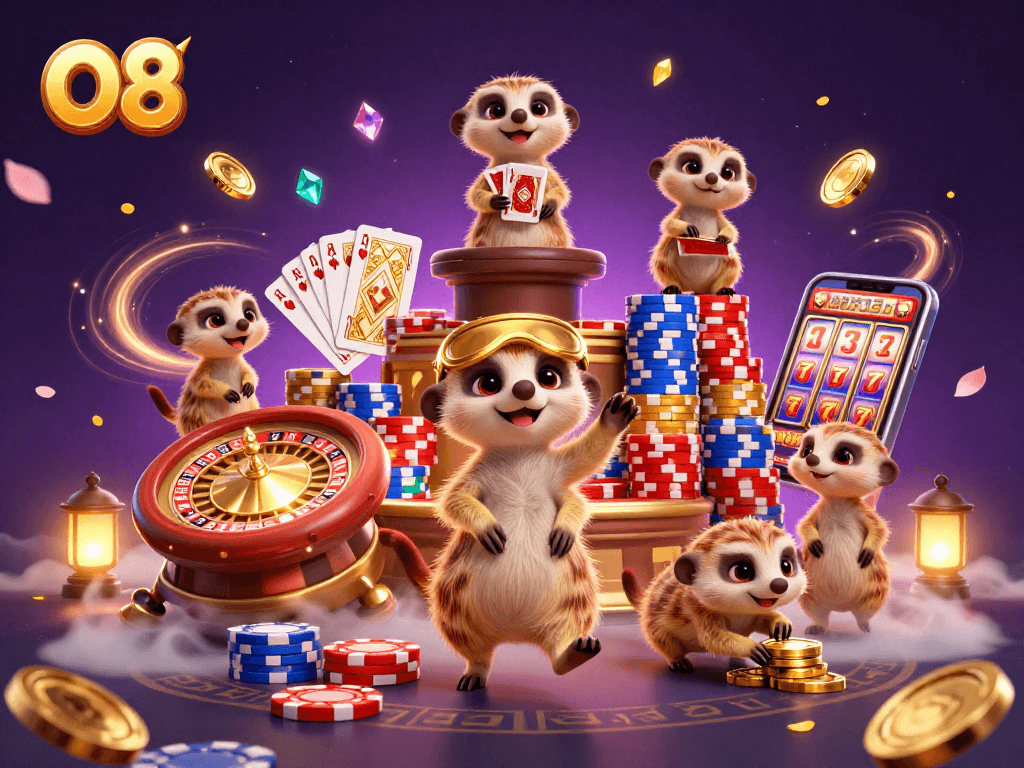 O8 meerkats running a vibrant casino with roulette, poker, and chip action.