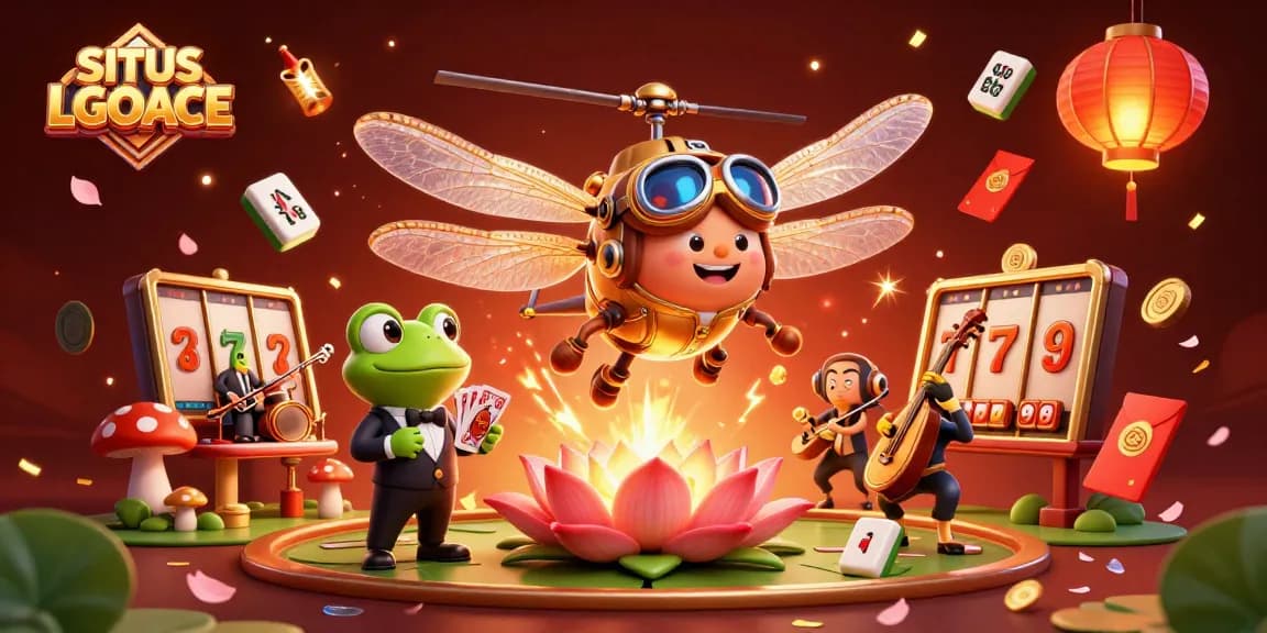 SITUS LGOACE showcases a vibrant casino scene featuring a dragonfly pilot, frog croupier, and jazz crickets in action.