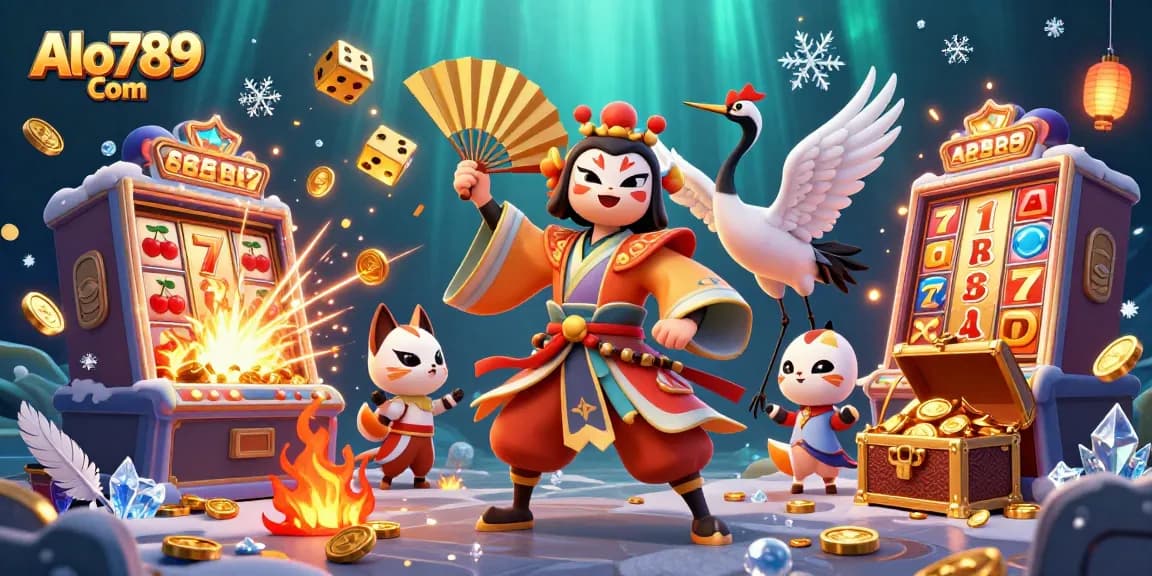 Experience thrilling cockfighting action with Alo789 Com's vibrant 3D illustration showcasing dynamic characters and rich casino elements.
