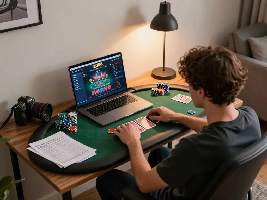 Engaging gameplay at nhà cái QQ88 interface with strategic betting notes in a cozy home setting.