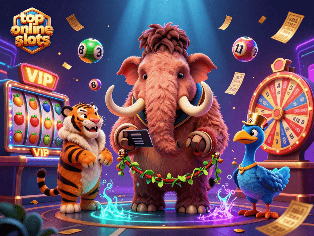 Experience the thrill of top online slots with vibrant characters, spinning reels, and a dynamic casino atmosphere.