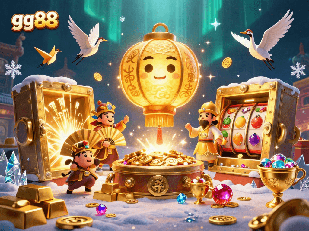 Experience the magic of gg88 at a vibrant casino scene featuring joyous spirits and treasure.