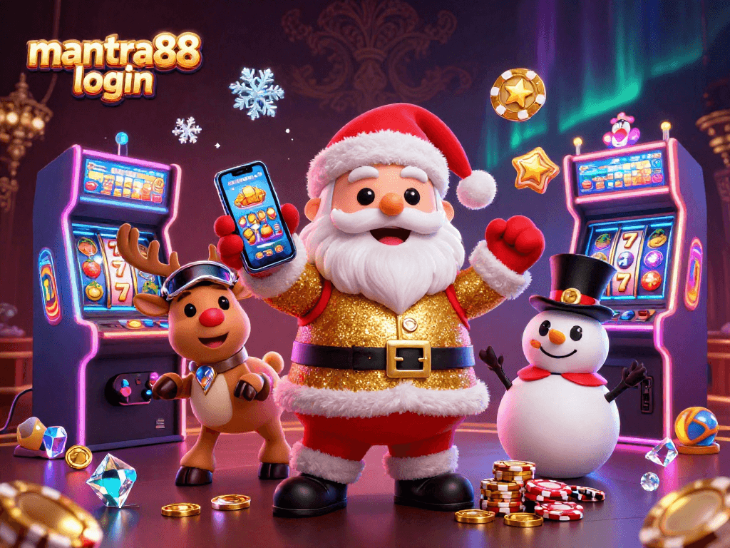 Experience the thrill of mantra88 login with Santa and his casino-themed companions amidst glowing slot machines and festive decor.