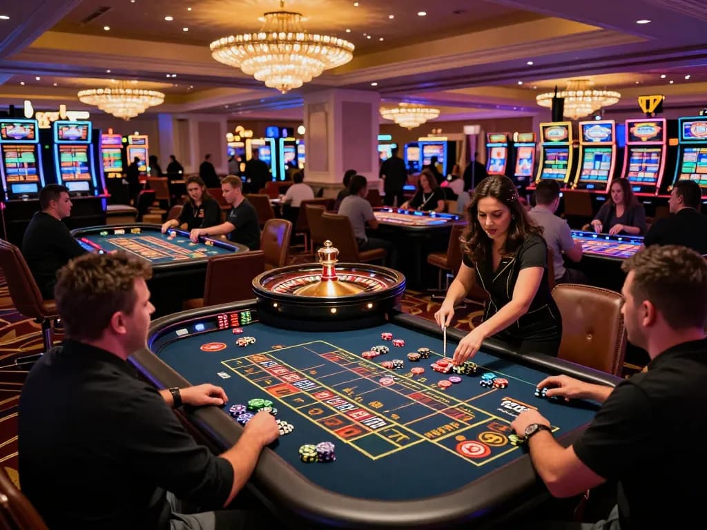 VA88 players engage in dynamic table games, capturing the excitement of strategic bets in a lively casino atmosphere