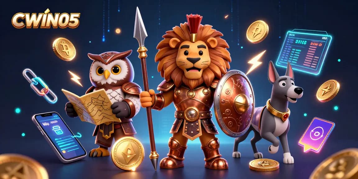 CWIN05 features a heroic Spartan lion and tactical owl in a vibrant casino-themed 3D scene.