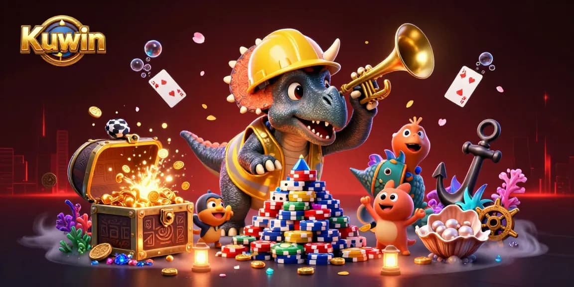 Kuwin offers thrilling casino vibes with cartoon characters celebrating wins amidst poker chips and treasures.