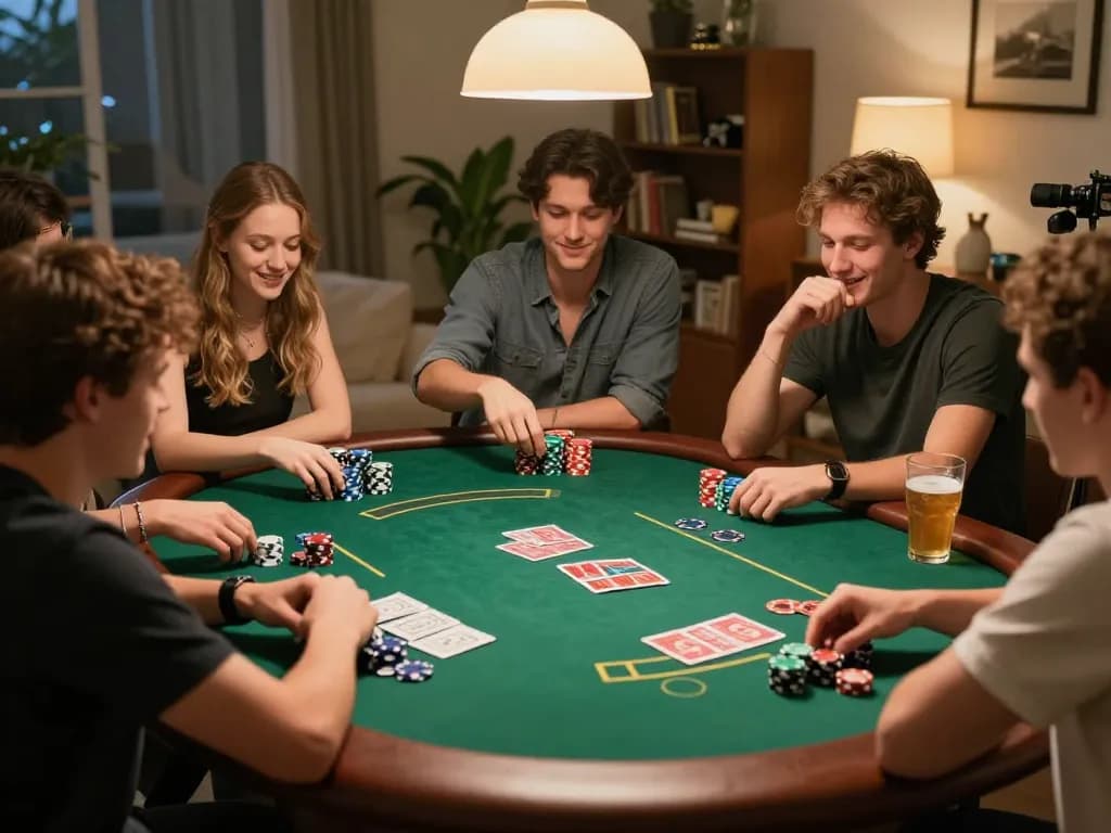 C168 players strategizing in a vibrant poker game at home, showcasing lively competition and camaraderie.