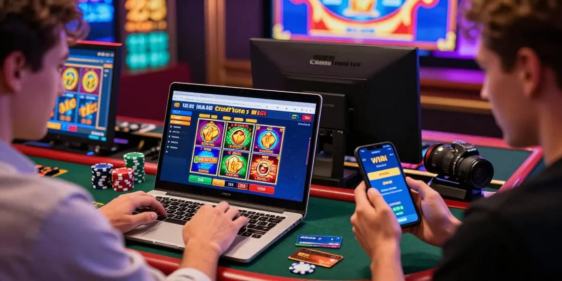 Players enjoying a vibrant credit card casino experience online, celebrating wins with colorful displays.