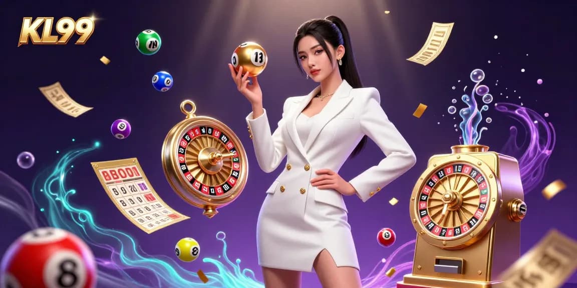 Engaging KL99 illustration showcasing online gambling with vibrant elements and golden roulette ball.