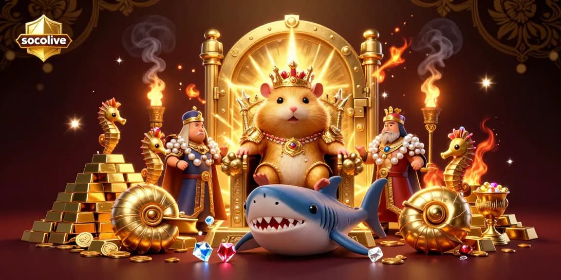 Socolive's golden hamster king hosts a royal gambling showdown on a megalodon throne amid jewels and treasures.