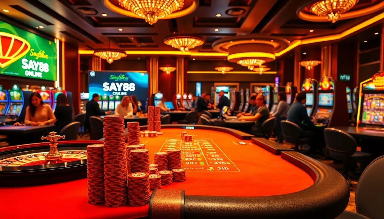 SAY88 casino scene capturing excitement, with vibrant gaming tables and players immersed in action.