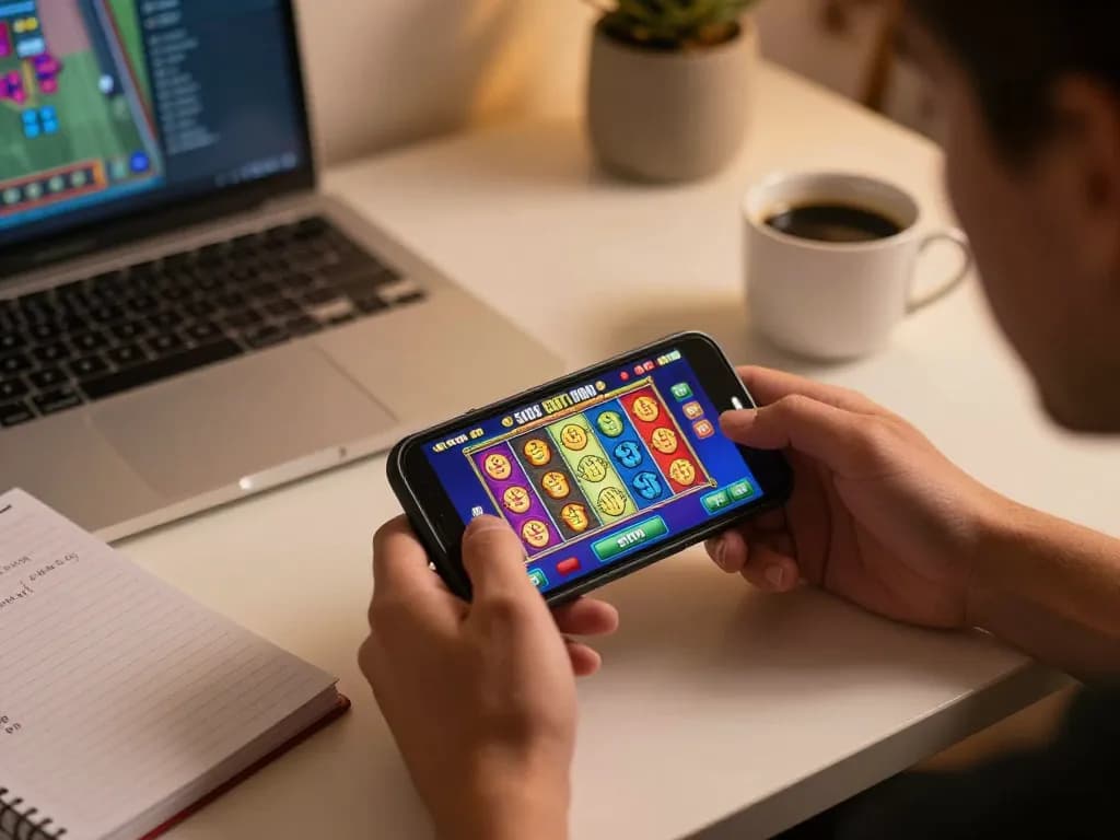 Experience the excitement of slot deposit 5000 gameplay on mobile, with vibrant game visuals and cozy home setup.
