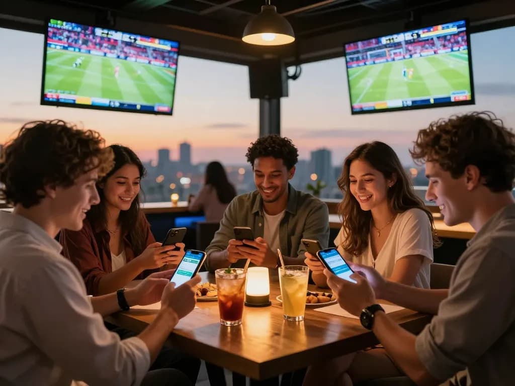 Friends engaged in sports betting at a lively bar while using their smartphones with fly88 app displayed.