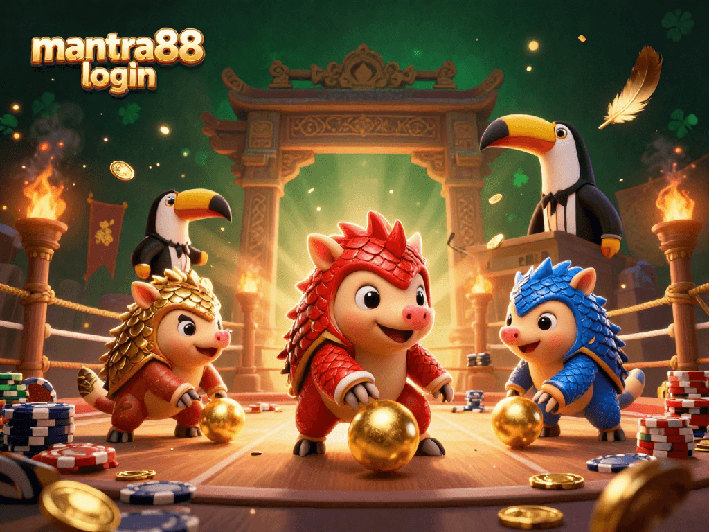 Experience the thrill of entertainment with mantra88 login in this vibrant casino illustration featuring pangolins and poker chips.