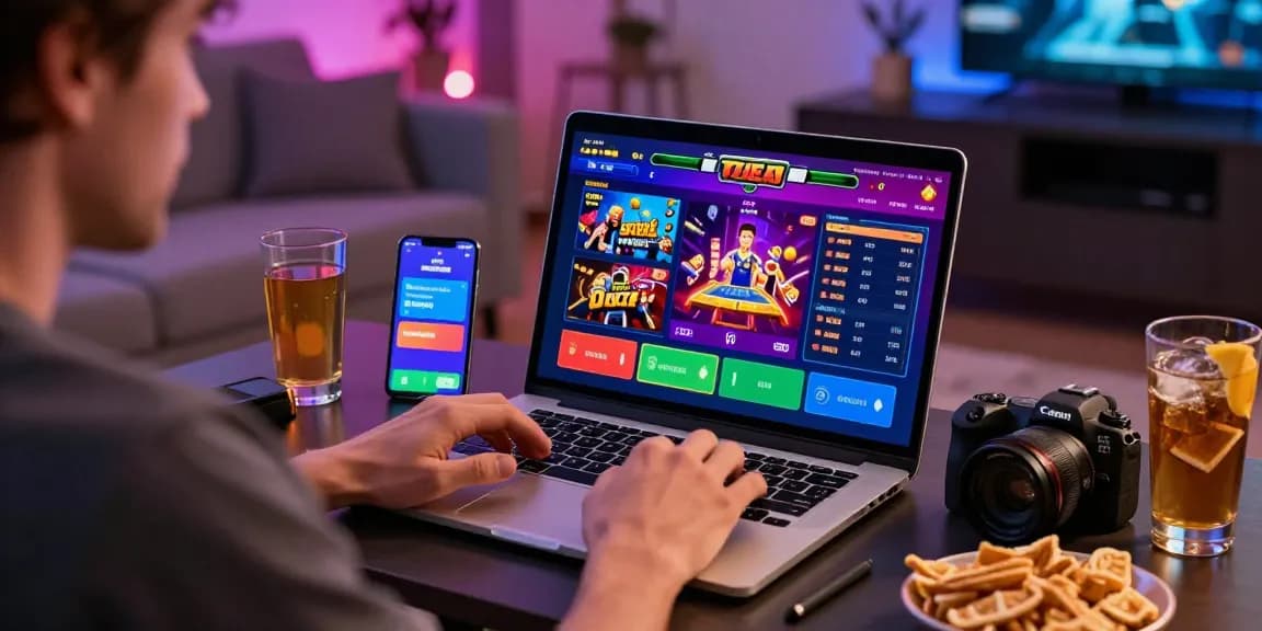 Engaged player exploring LUCK8 online betting options on a vibrant gaming setup, showcasing excitement and modern entertainment.