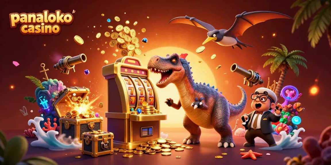 Panaloko casino scene with a dinosaur and casino elements generating jackpot excitement.