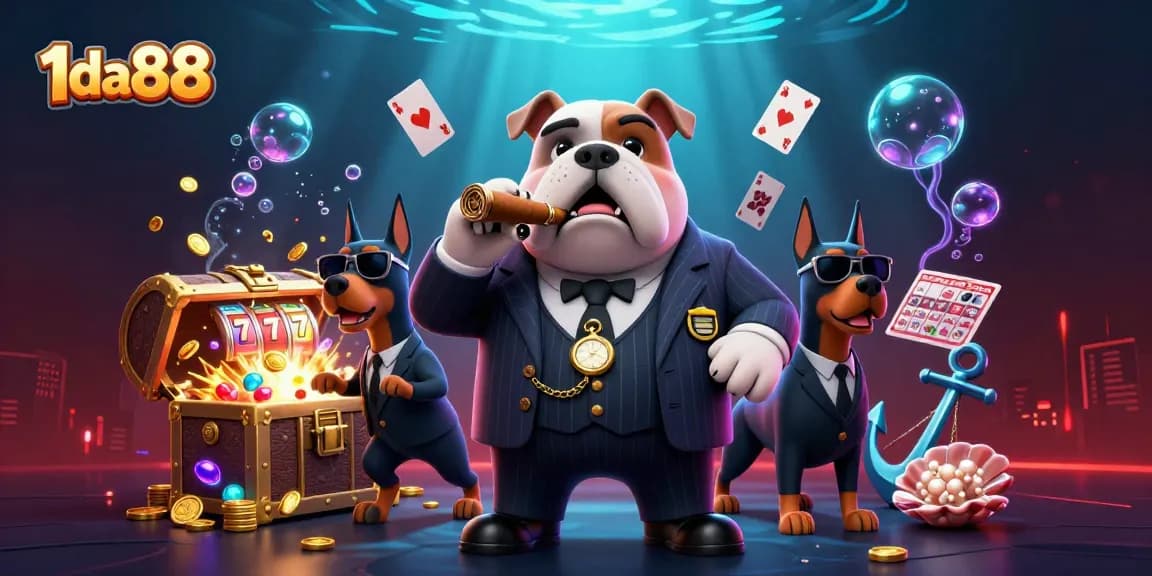 Experience thrilling gameplay with 1da88 in a vibrant casino atmosphere featuring a mafia boss and slot games.
