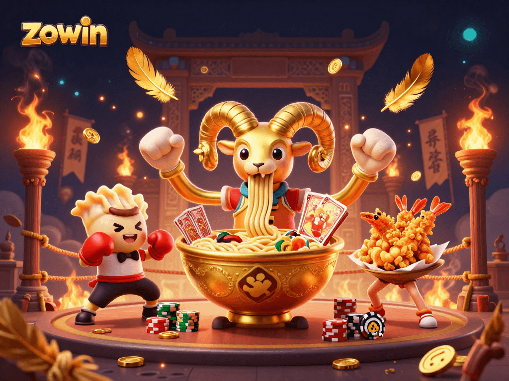 Zowin brings excitement in a vibrant 3D casino illustration featuring charismatic food characters engaging in fun betting.
