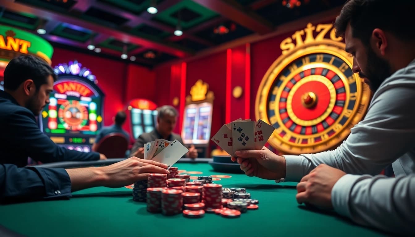 Engage in thrilling online casino gaming at alo789 with vibrant poker tables and flashing slot machines.