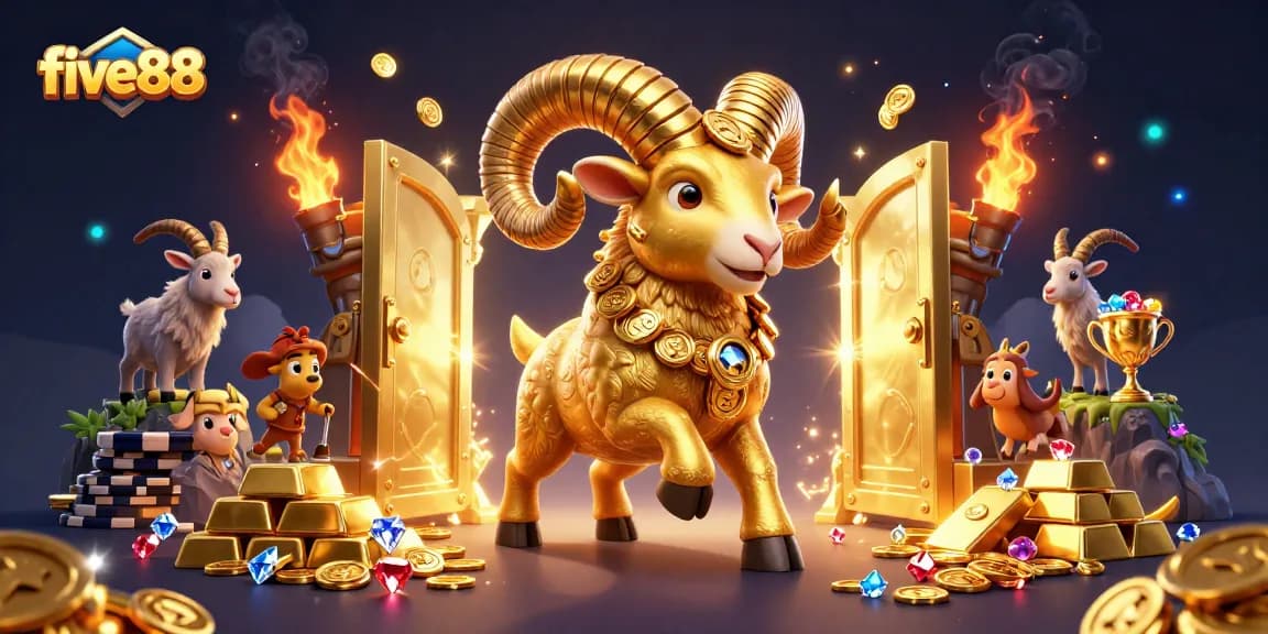 Experience the excitement of five88 with a golden ram charging through a treasure-laden casino scene.