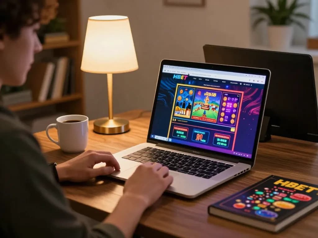 Engaged player experiencing HBET online gaming on laptop, showcasing responsible gambling atmosphere.