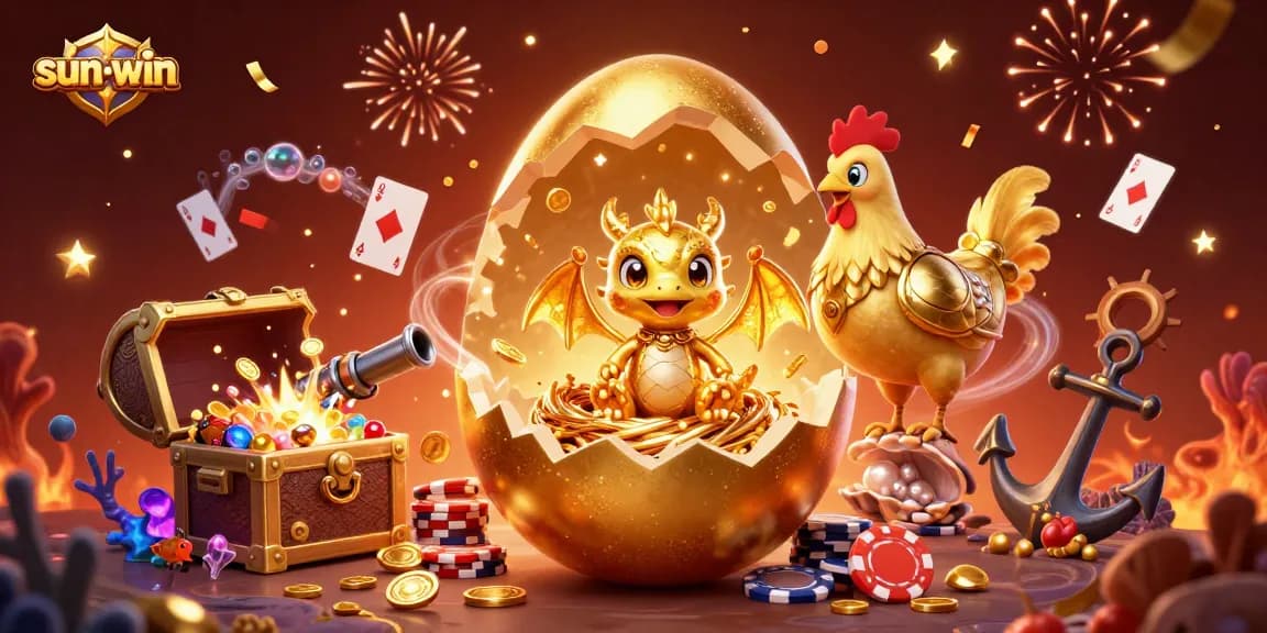 Immerse in the sun-win experience with golden dragon and poker chips surrounded by vibrant casino elements.