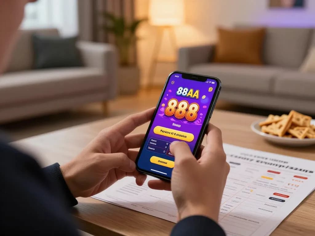 Engaging with the 88aa casino app on a smartphone in a cozy living room setting