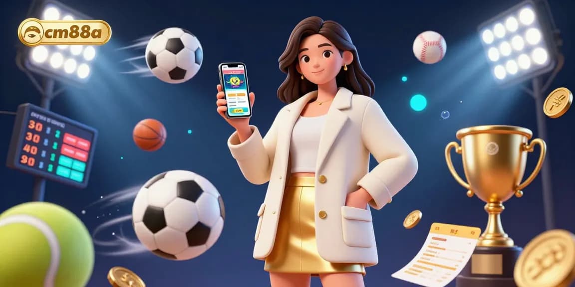 Place bets with cm88a using a sports betting app held by a glamorous Asian woman in a 3D casino setting.