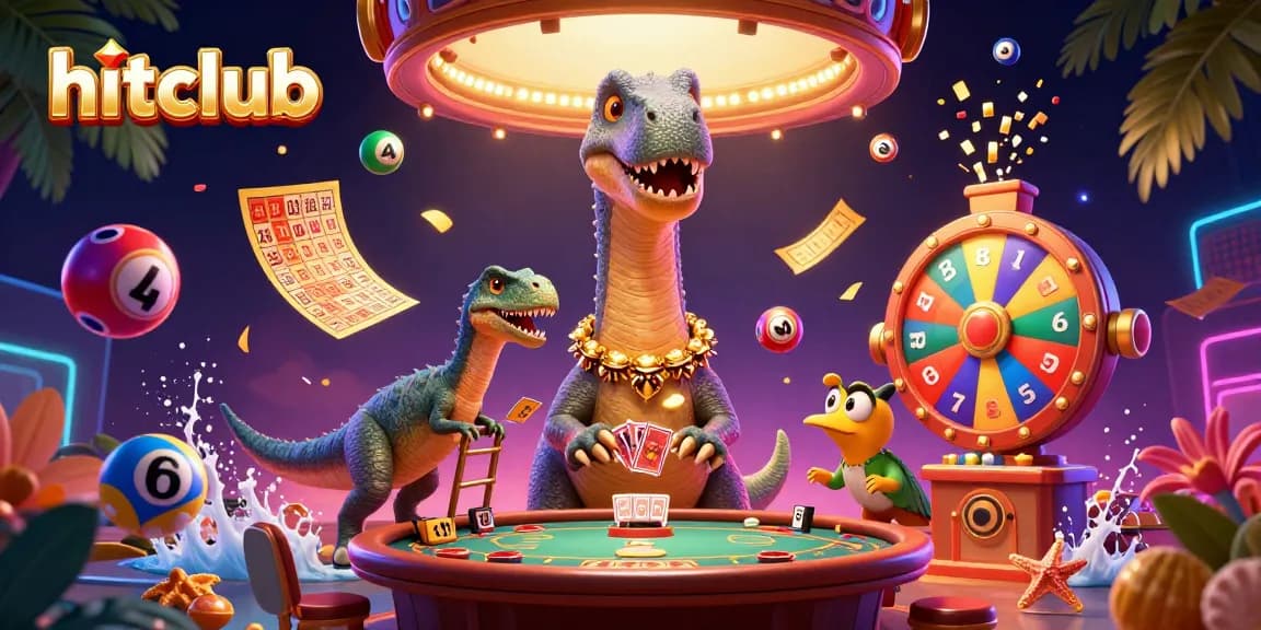 Hitclub's vibrant 3D casino scene with a tall brontosaurus and creative gambling elements.