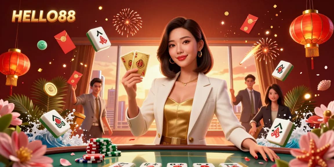 HELLO88 showcases exciting gameplay with a glamorous Asian woman strategically holding golden cards in a vibrant casino atmosphere.