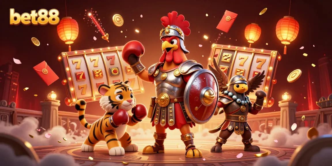 Experience thrilling wins at bet88 with vibrant 3D digital art showcasing a gladiator rooster and slot elements.