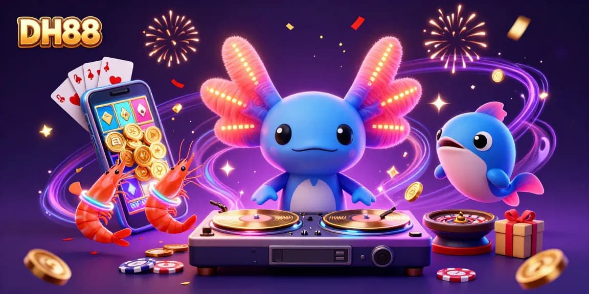 Experience thrilling games at DH88 with a vibrant underwater party featuring neon-colored characters and exciting casino elements.