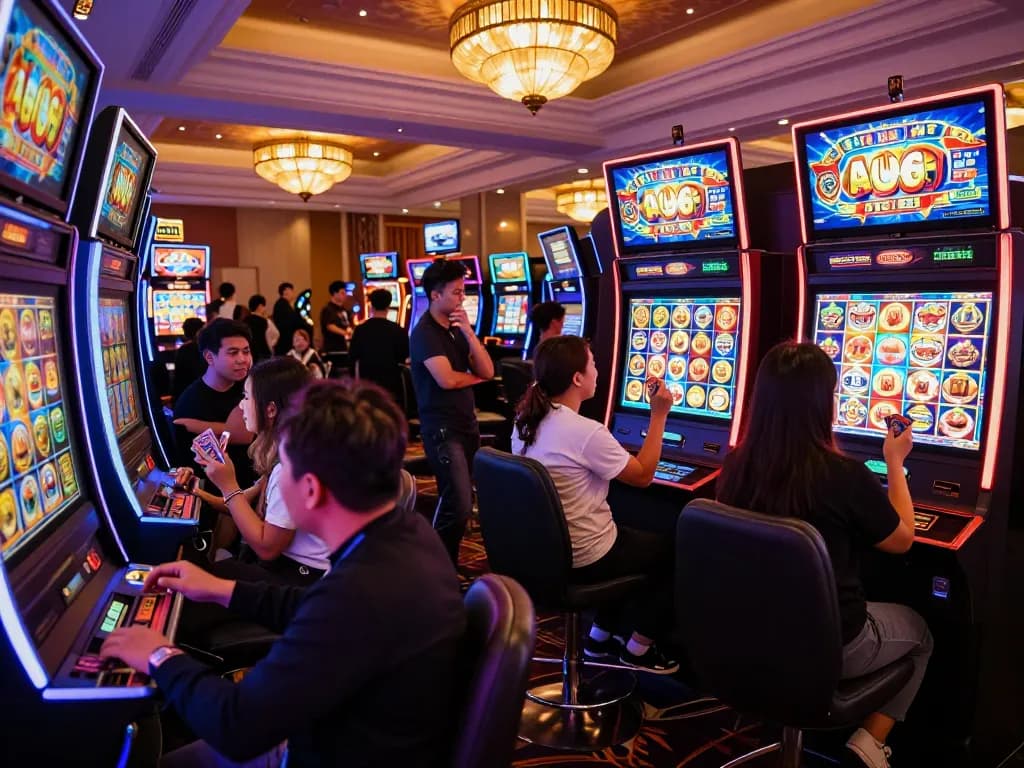 Experience the thrill of slot gacor gameplay with players celebrating wins at colorful machines.