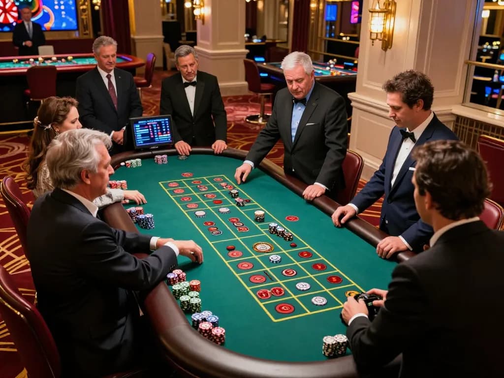 da88gg players placing bets at an elegant roulette table in a luxurious casino setting