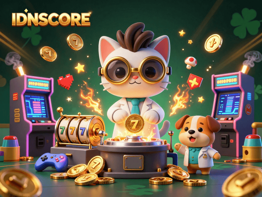 Engage with IDNSCORE's vibrant casino experience through a whimsical, animated scene showcasing a mad scientist cat and dog.