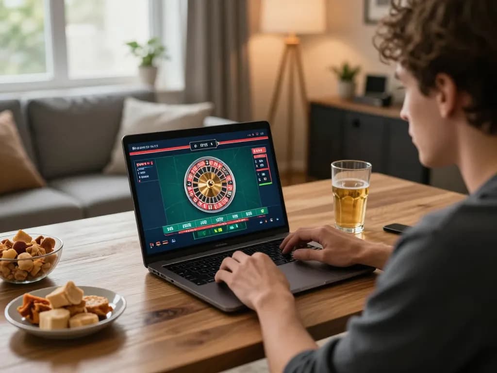 Engaging with a live roulette game at nhà cái tic88 in a modern home office setting.