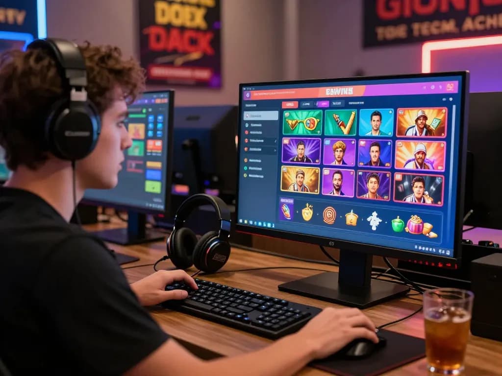 Dynamic online gambling scene with player using man88 on gaming setup showcasing vibrant casino games.