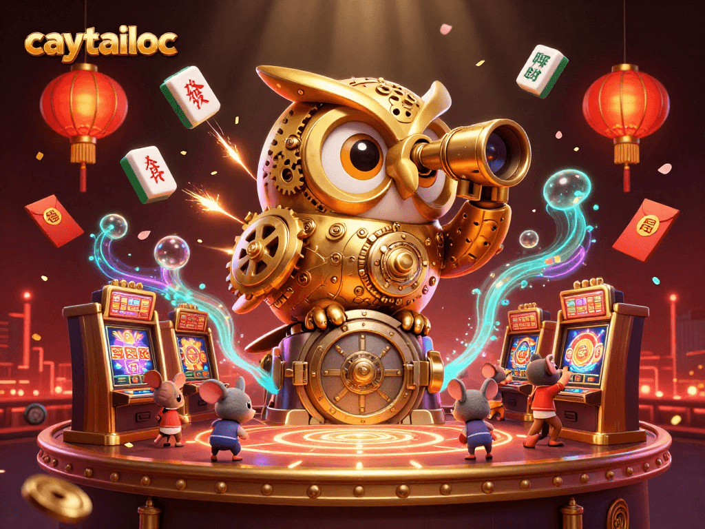 Caytailoc presents a dynamic 3D scene of a golden owl observing a vibrant casino, surrounded by animated gaming elements.