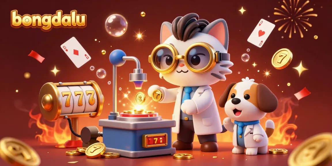 Engage with the excitement of gambling on bongdalu through a vibrant scene of a cartoon scientist cat and dog creating winning strategies.