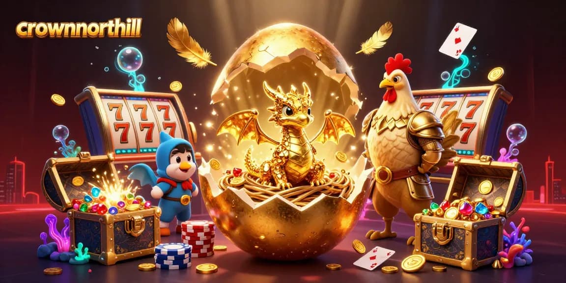 Play slots with crownnorthill's gold dragon and poker chips in a vibrant casino scene.